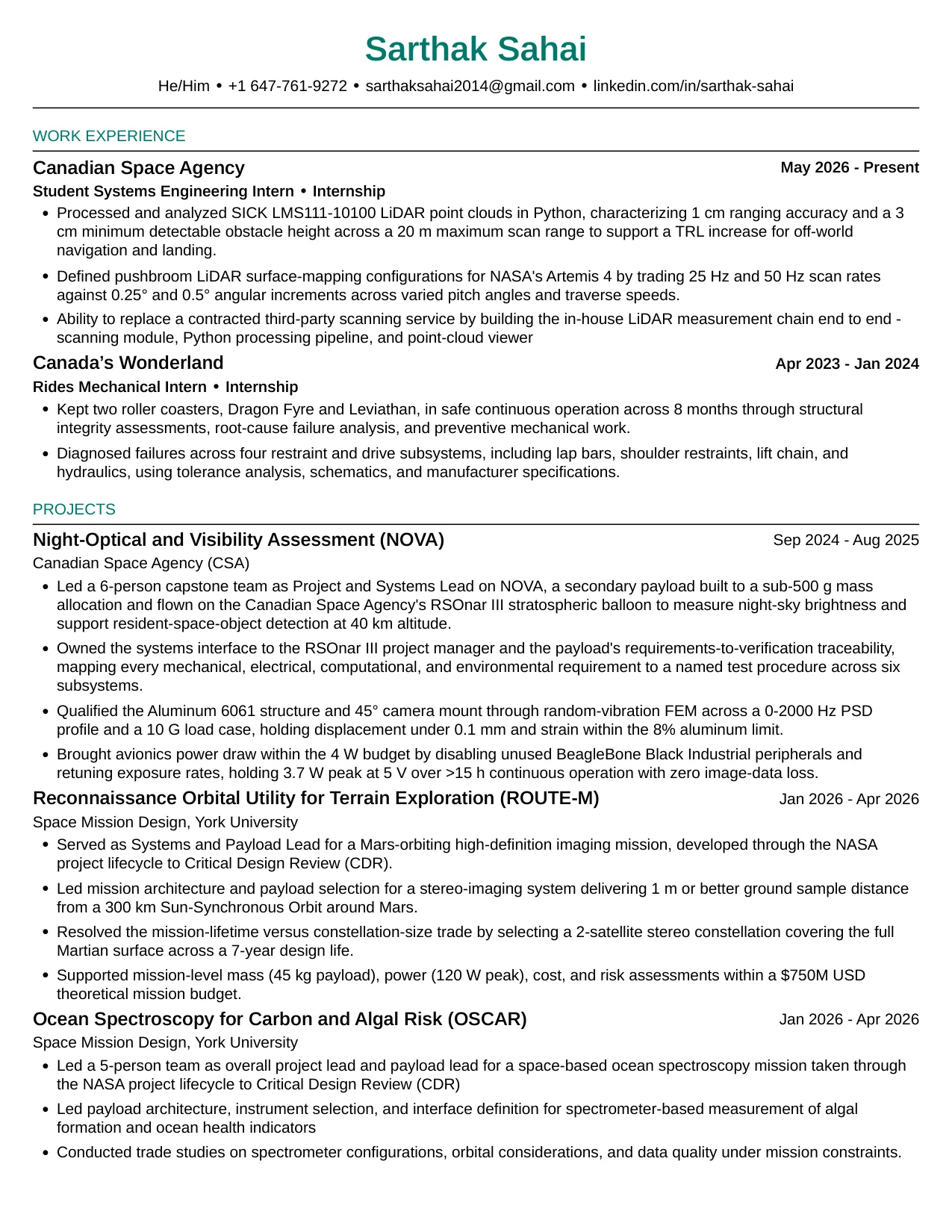 Page one of Sarthak Sahai's résumé, September 2026